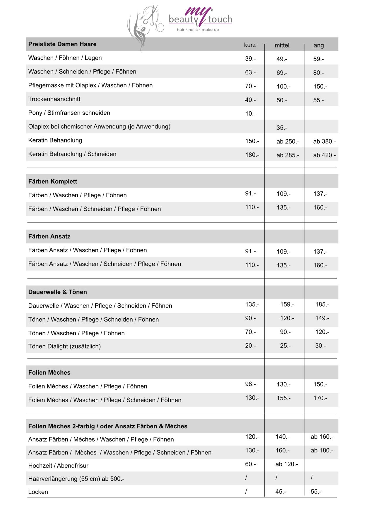 Preisliste Damen Haare